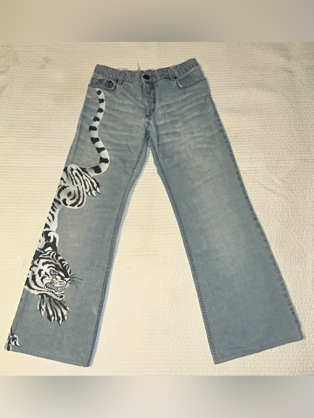Rare 2004 Runway Archive One-Of-A-Kind Vintage Hand Painted White Tiger Jeans